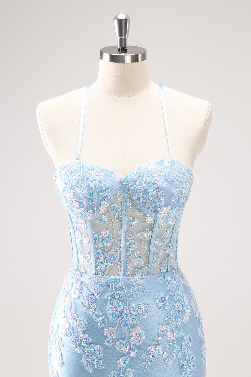 Sparkly Blue Spaghetti Straps Sequin Corset Tigtht Homecoming Dress with Appliques