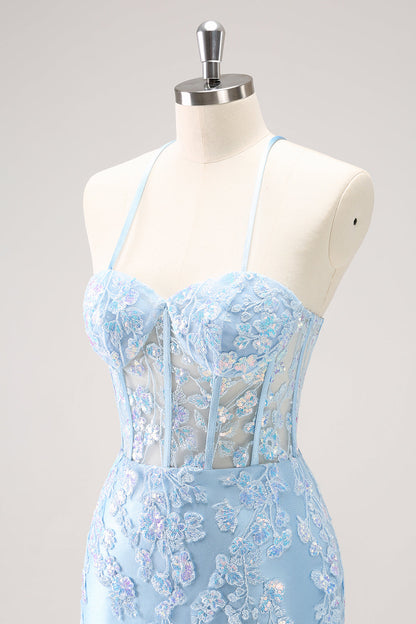 Sparkly Blue Spaghetti Straps Sequin Corset Tigtht Homecoming Dress with Appliques