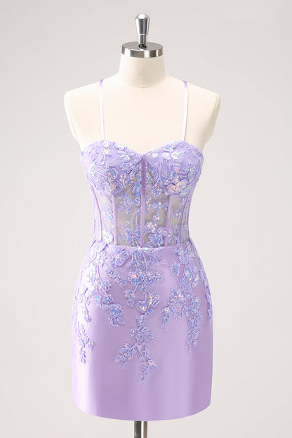 Sparkly Lilac Bodycon Spaghetti Straps Sequin Corset Homecoming Dress with Appliques