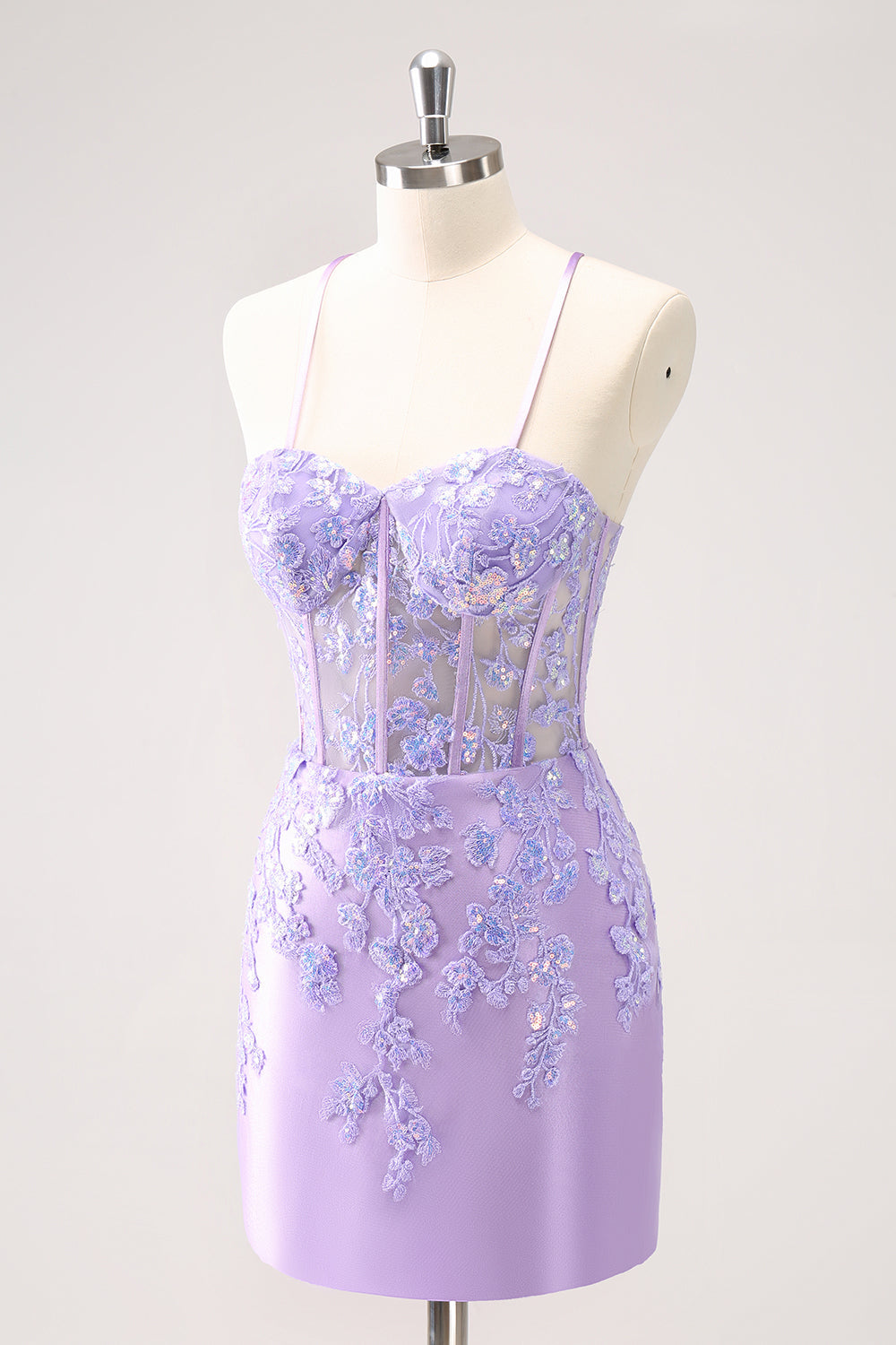 Sparkly Lilac Bodycon Spaghetti Straps Sequin Corset Homecoming Dress with Appliques