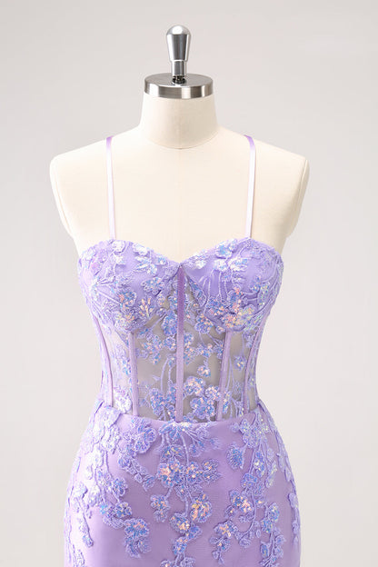 Sparkly Lilac Bodycon Spaghetti Straps Sequin Corset Homecoming Dress with Appliques