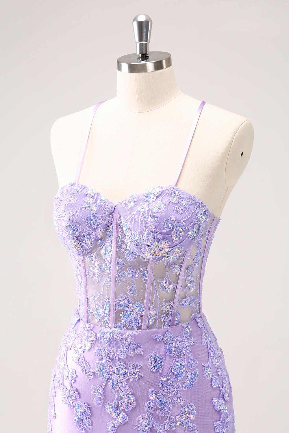 Sparkly Lilac Bodycon Spaghetti Straps Sequin Corset Homecoming Dress with Appliques