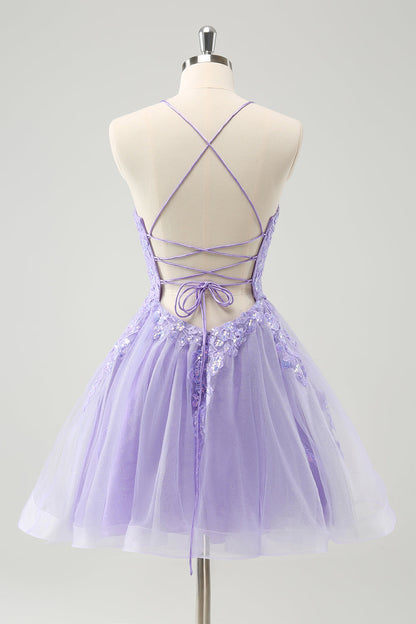 Sparkly Lilac A Line Lace Up Back Sequin Short Homecoming Dress with Appliques