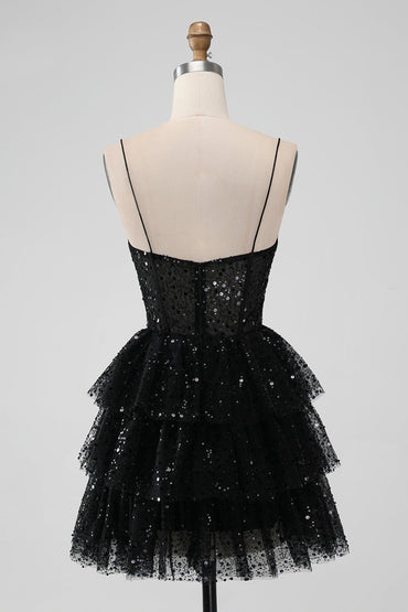 Sparkly Black A Line Spaghetti Straps Tiered Short Homecoming Dress with Sequins