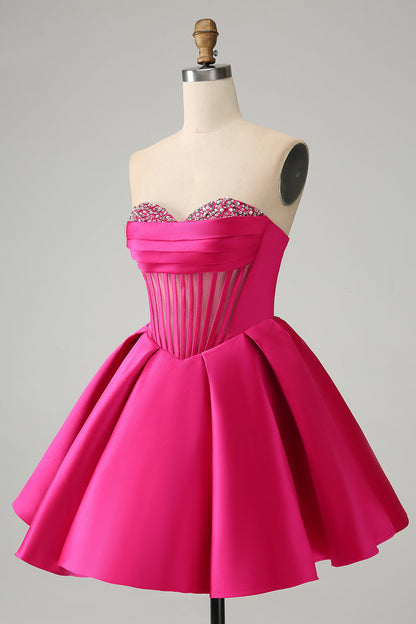 Cute Fuchsia A Line Sweetheart Corset Short Homecoming Dress with Beading