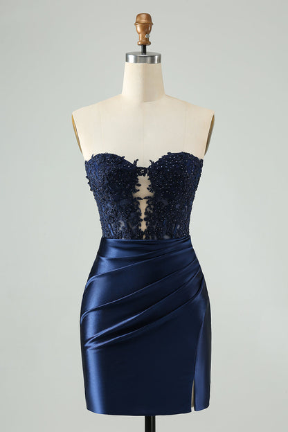 Navy Bodycon Sweetheart Corset Beaded Short Homecoming Dress with Hollow Out