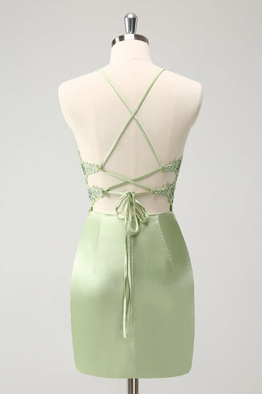 Stylish Green Sheath Criss Cross Back Corset Short Homecoming Dress with Appliques