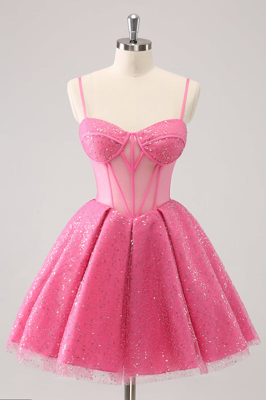 Sparkly Cute Pink Spaghetti Straps A Line Corset Short Homecoming Dress with Sequins