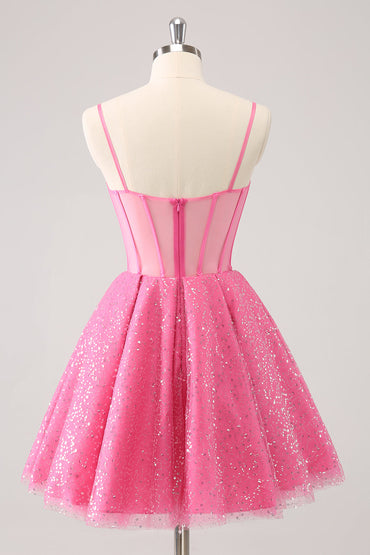 Sparkly Cute Pink Spaghetti Straps A Line Corset Short Homecoming Dress with Sequins