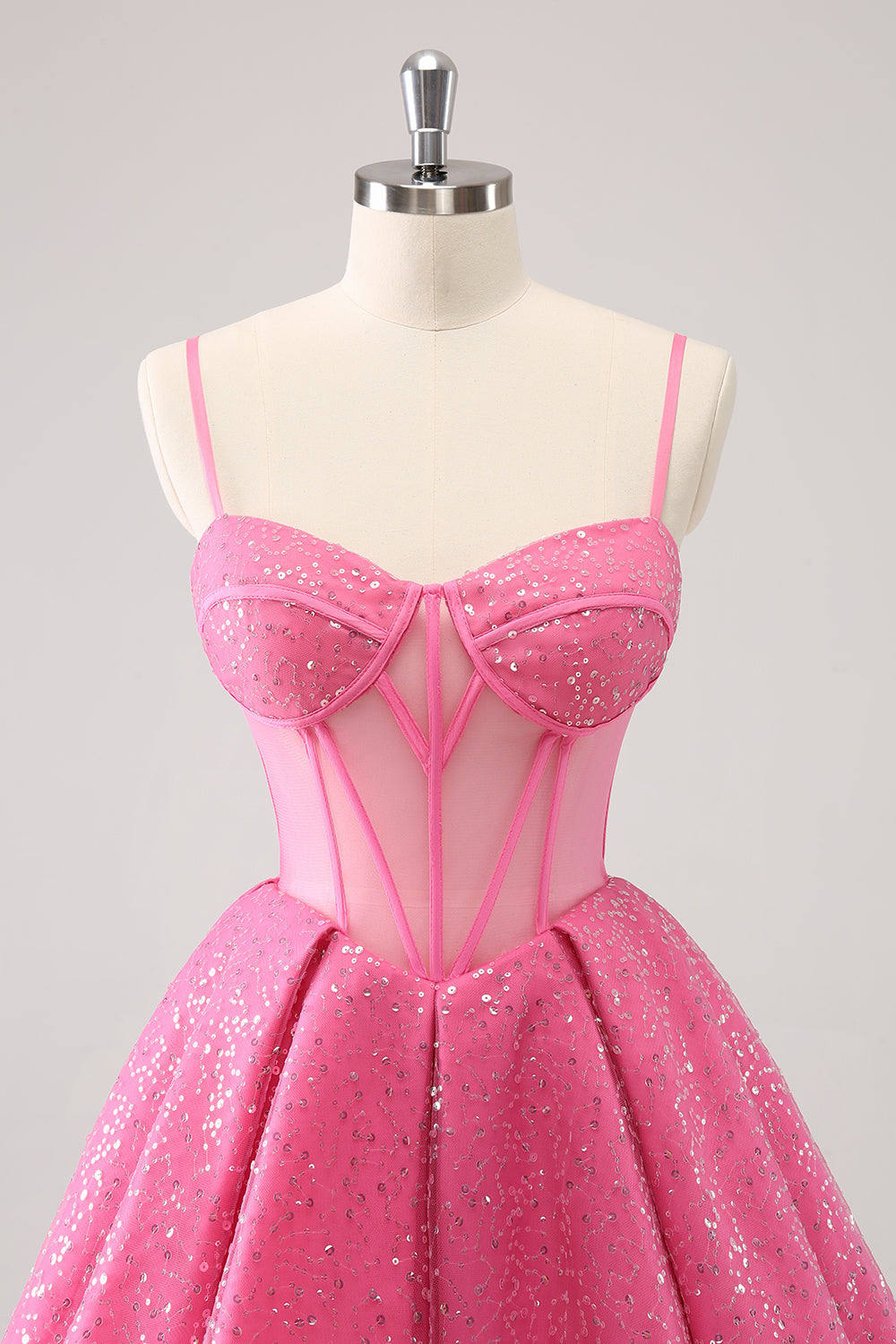 Sparkly Cute Pink Spaghetti Straps A Line Corset Short Homecoming Dress with Sequins