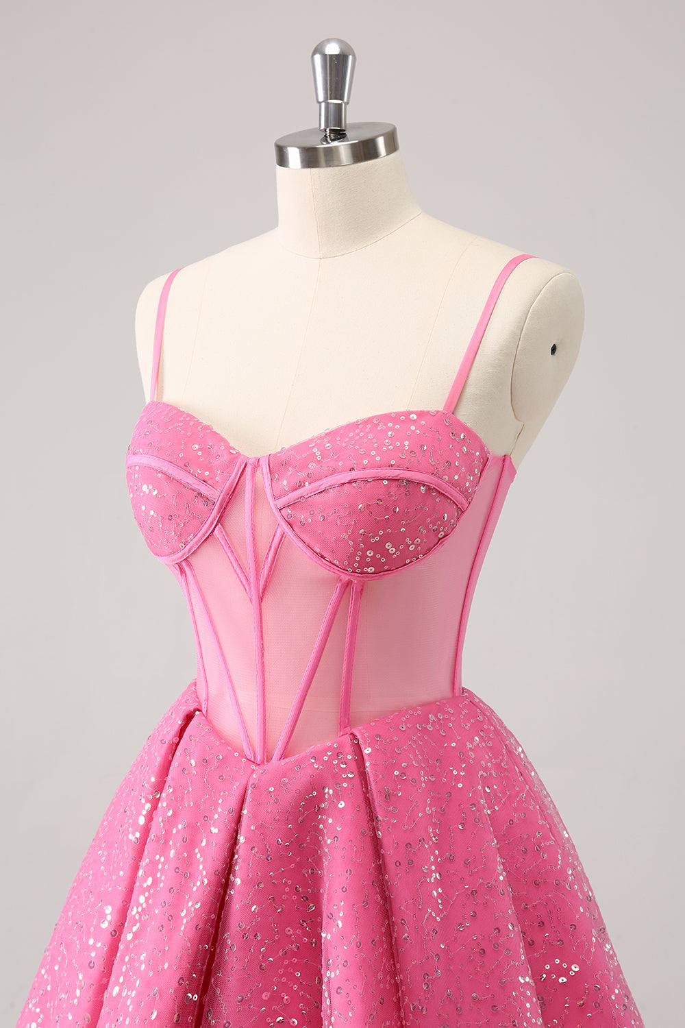 Sparkly Cute Pink Spaghetti Straps A Line Corset Short Homecoming Dress with Sequins