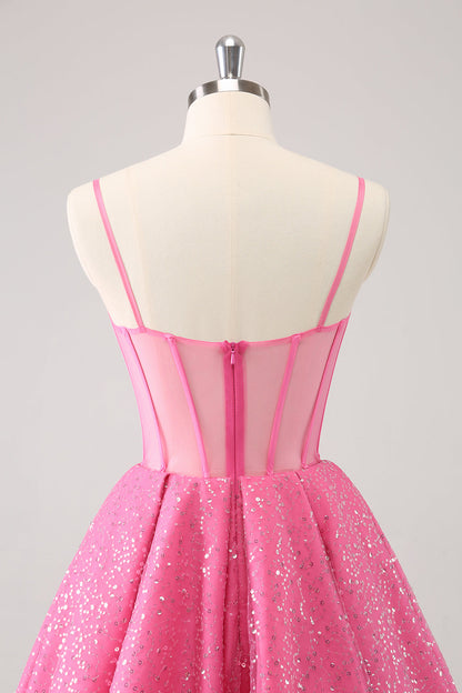 Sparkly Cute Pink Spaghetti Straps A Line Corset Short Homecoming Dress with Sequins