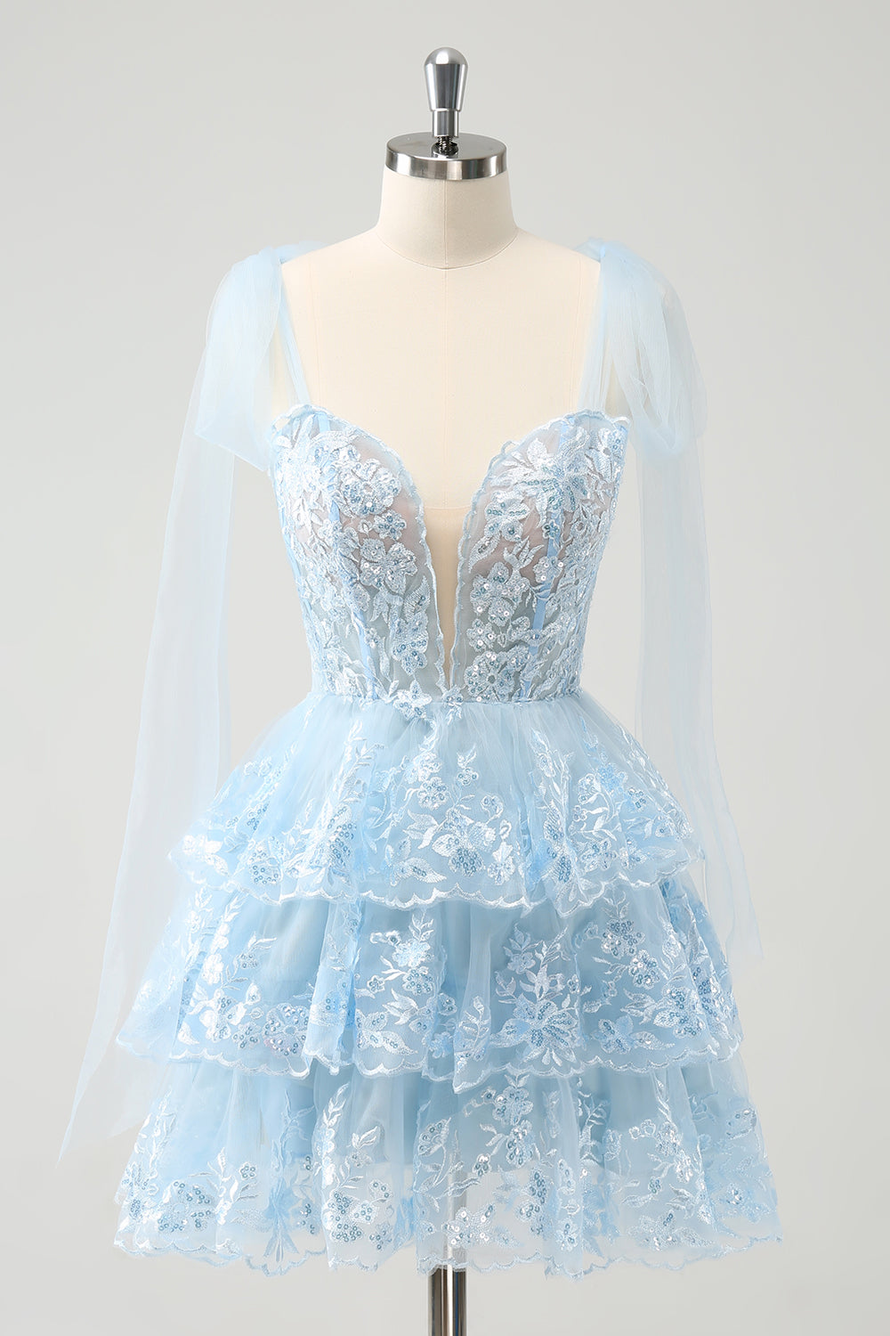 Cute Sparkly Blue A Line V Neck Corset Tiered Short Homecoming Dress