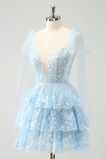 Cute Sparkly Blue A Line V Neck Corset Tiered Short Homecoming Dress