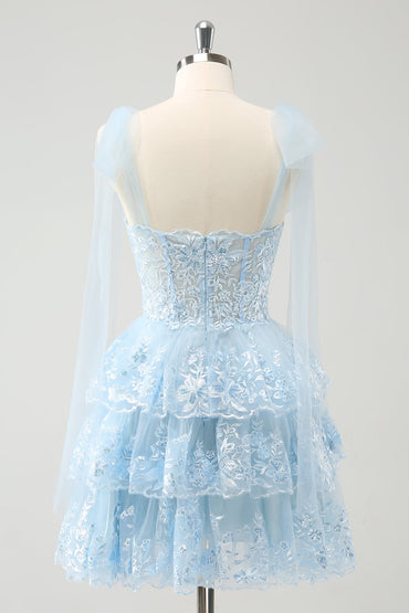 Cute Sparkly Blue A Line V Neck Corset Tiered Short Homecoming Dress