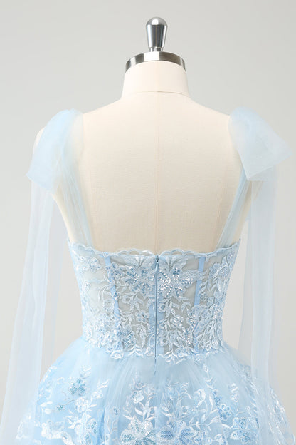 Cute Sparkly Blue A Line V Neck Corset Tiered Short Homecoming Dress