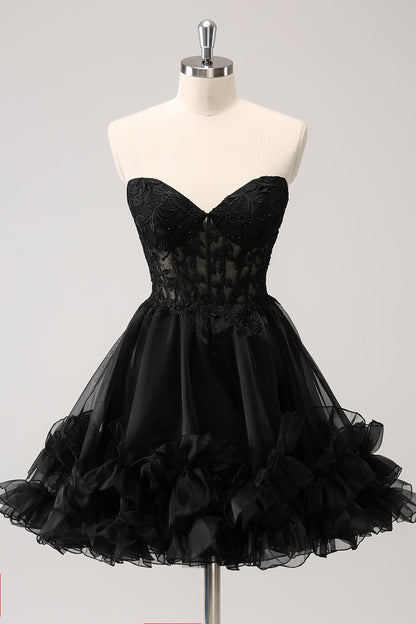 Sparkly Black A Line Sweetheart Corset Beaded Homecoming Dress with Lace Up Back