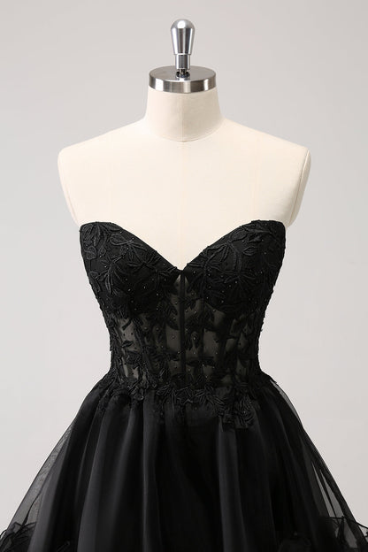 Sparkly Black A Line Sweetheart Corset Beaded Homecoming Dress with Lace Up Back