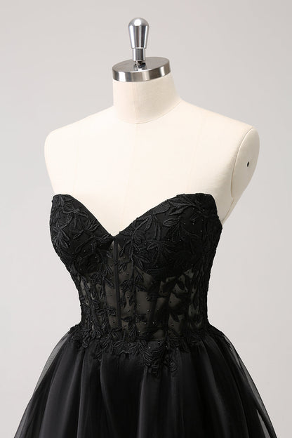 Sparkly Black A Line Sweetheart Corset Beaded Homecoming Dress with Lace Up Back