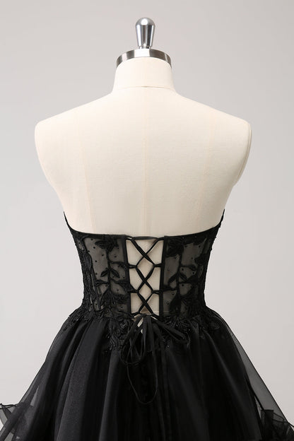 Sparkly Black A Line Sweetheart Corset Beaded Homecoming Dress with Lace Up Back