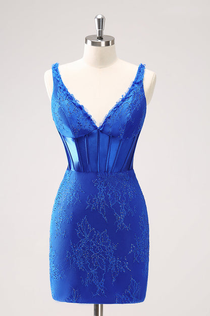 Sparkly Royal Blue Bodycon V Neck Beaded Corset Ruched Homecoming Dress with Lace Up Back