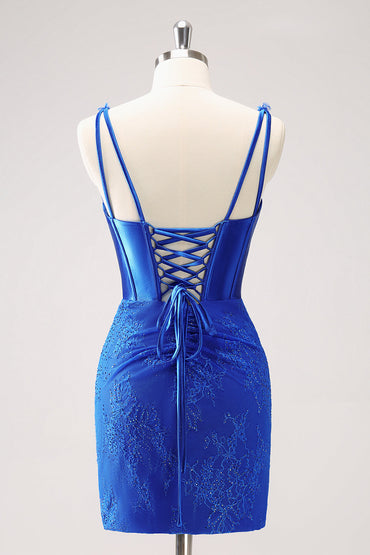 Sparkly Royal Blue Bodycon V Neck Beaded Corset Ruched Homecoming Dress with Lace Up Back