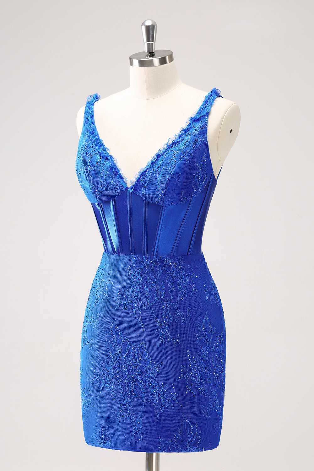 Sparkly Royal Blue Bodycon V Neck Beaded Corset Ruched Homecoming Dress with Lace Up Back