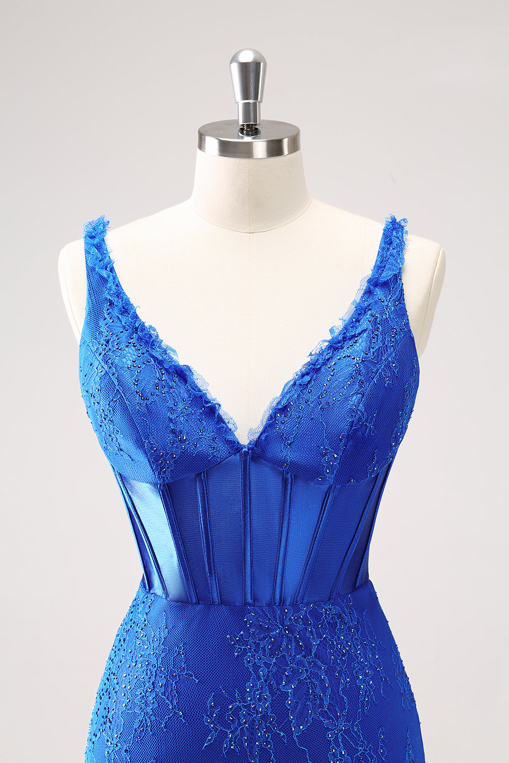 Sparkly Royal Blue Bodycon V Neck Beaded Corset Ruched Homecoming Dress with Lace Up Back