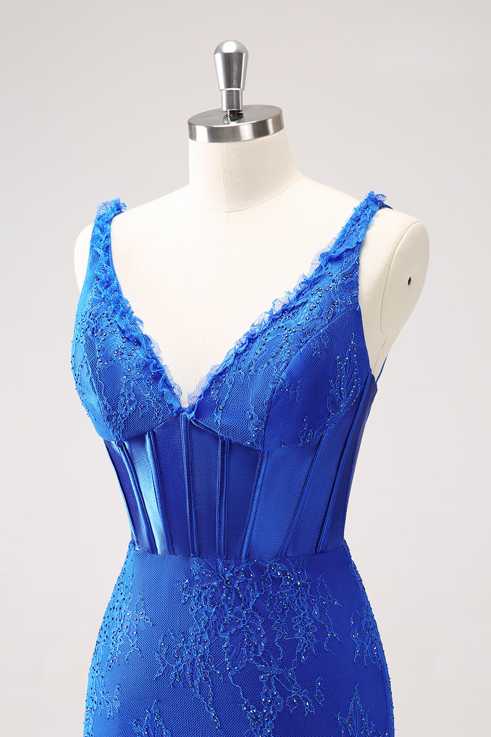 Sparkly Royal Blue Bodycon V Neck Beaded Corset Ruched Homecoming Dress with Lace Up Back