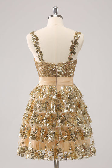 Sparkly Golden A Line Corset Tiered Short Homecoming Dress with Flower