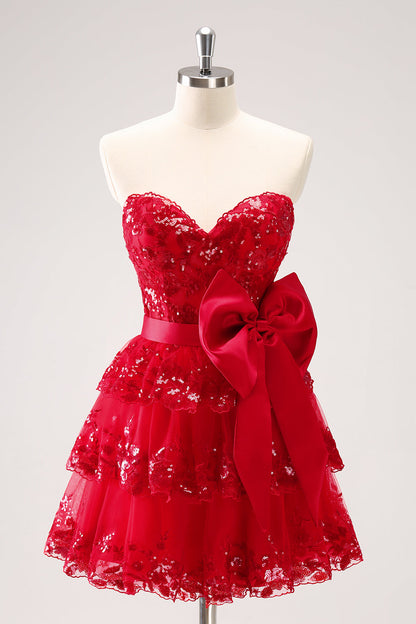 Sparkly Red A Line Sweetheart Corset Tiered Ruffle Homecoming Dress with Bows