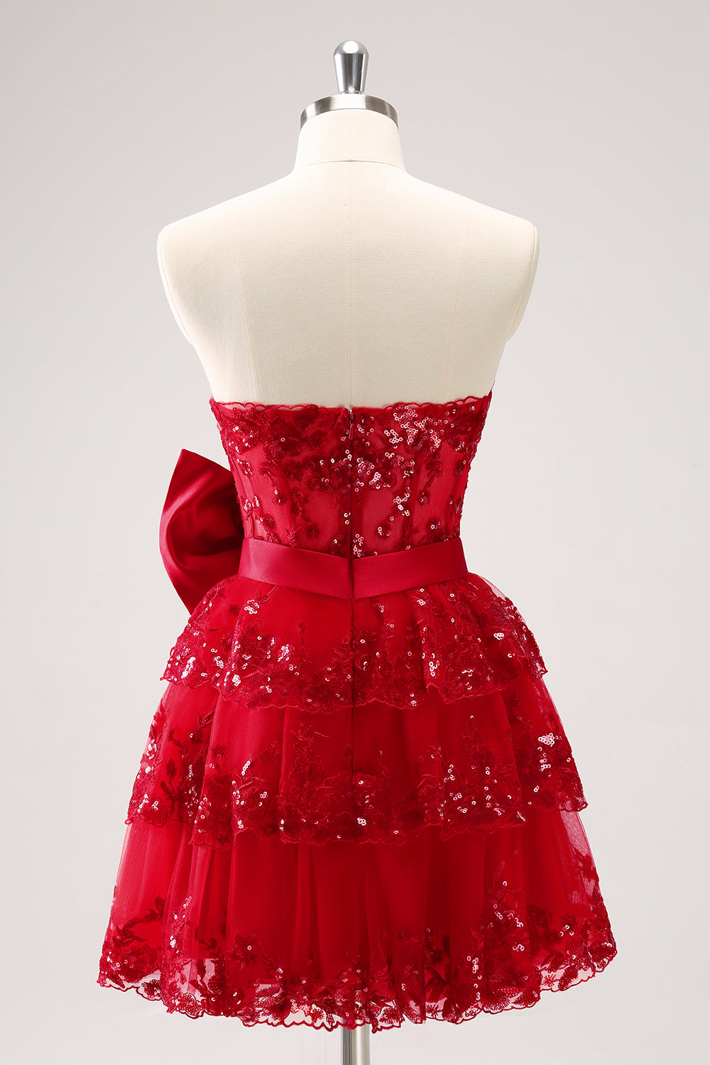 Sparkly Red A Line Sweetheart Corset Tiered Ruffle Homecoming Dress with Bows