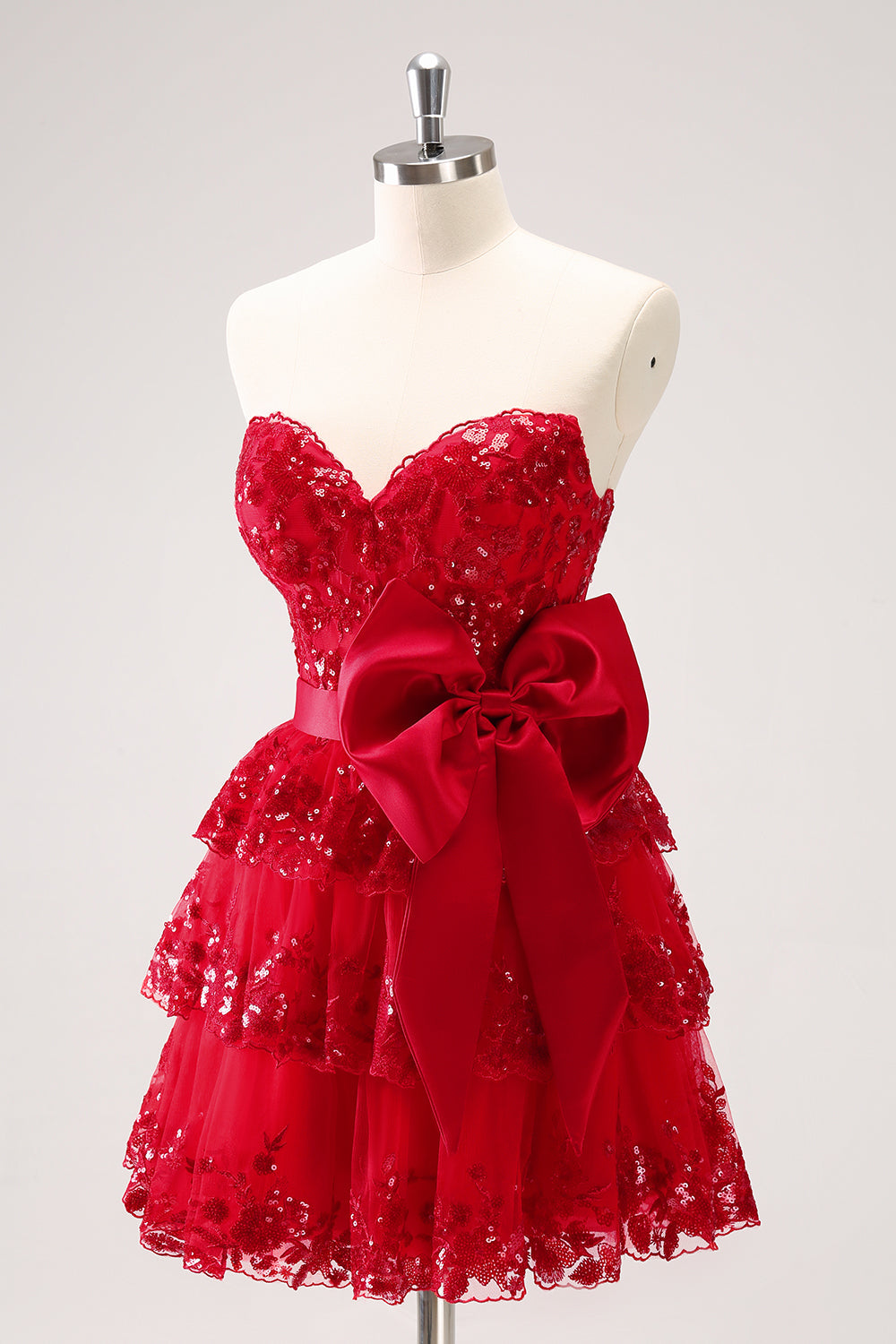 Sparkly Red A Line Sweetheart Corset Tiered Ruffle Homecoming Dress with Bows