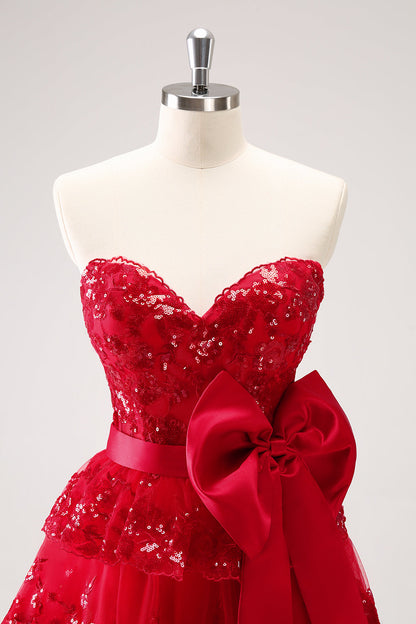 Sparkly Red A Line Sweetheart Corset Tiered Ruffle Homecoming Dress with Bows