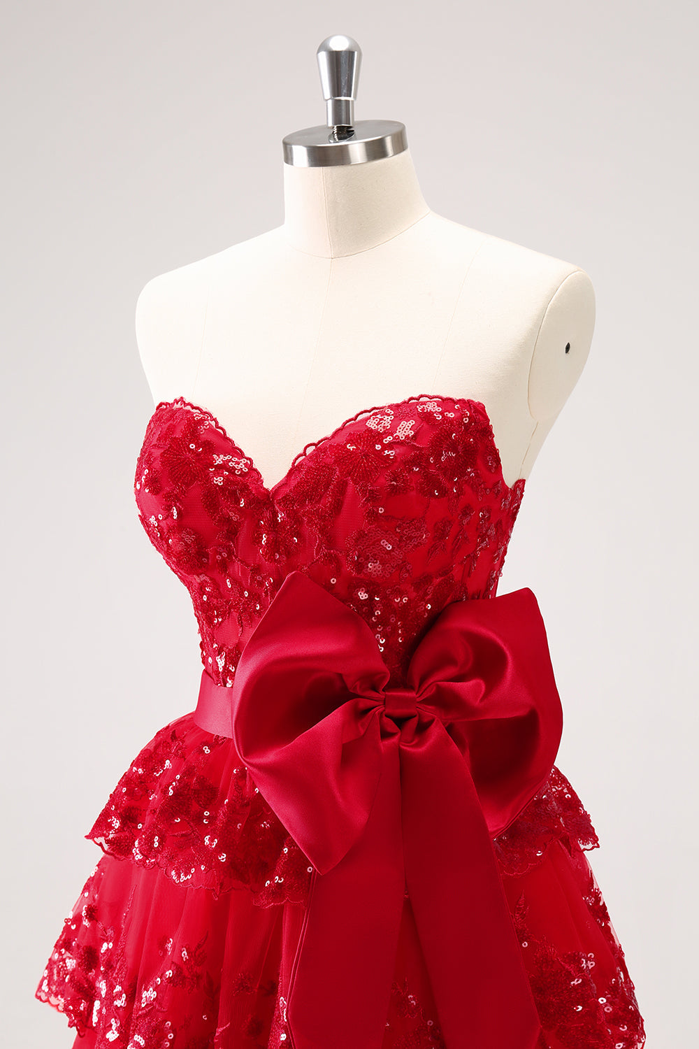 Sparkly Red A Line Sweetheart Corset Tiered Ruffle Homecoming Dress with Bows