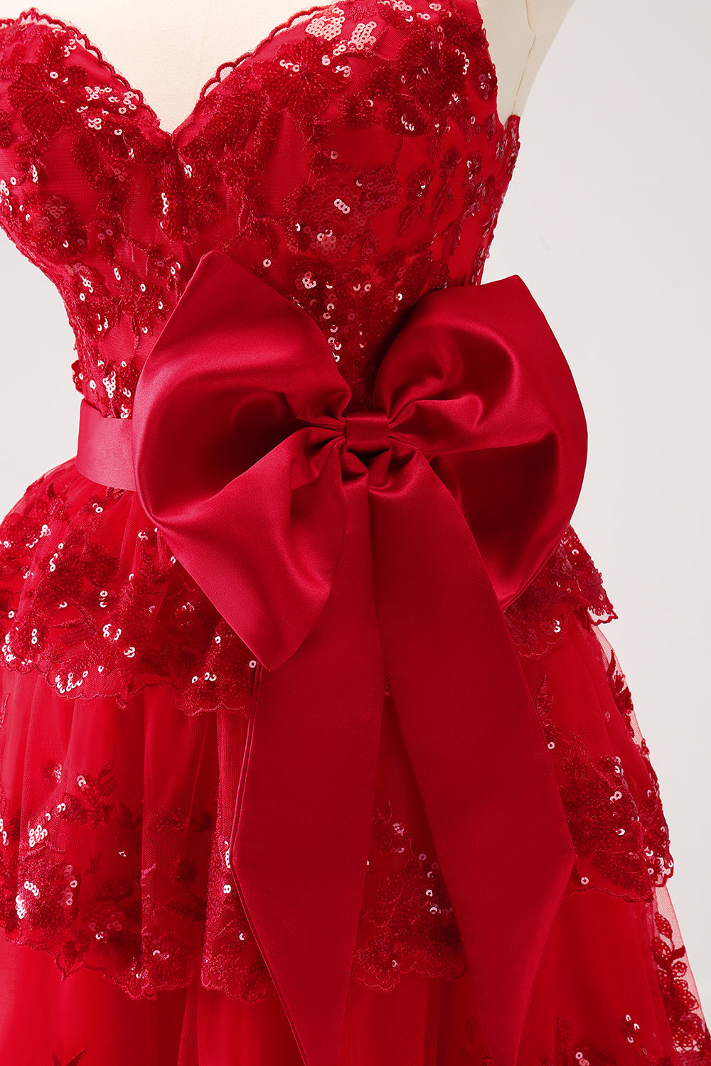 Sparkly Red A Line Sweetheart Corset Tiered Ruffle Homecoming Dress with Bows