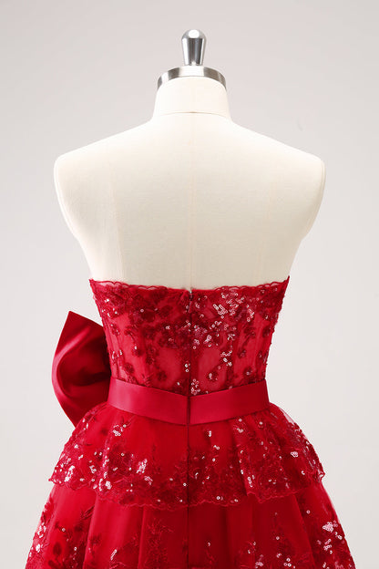 Sparkly Red A Line Sweetheart Corset Tiered Ruffle Homecoming Dress with Bows