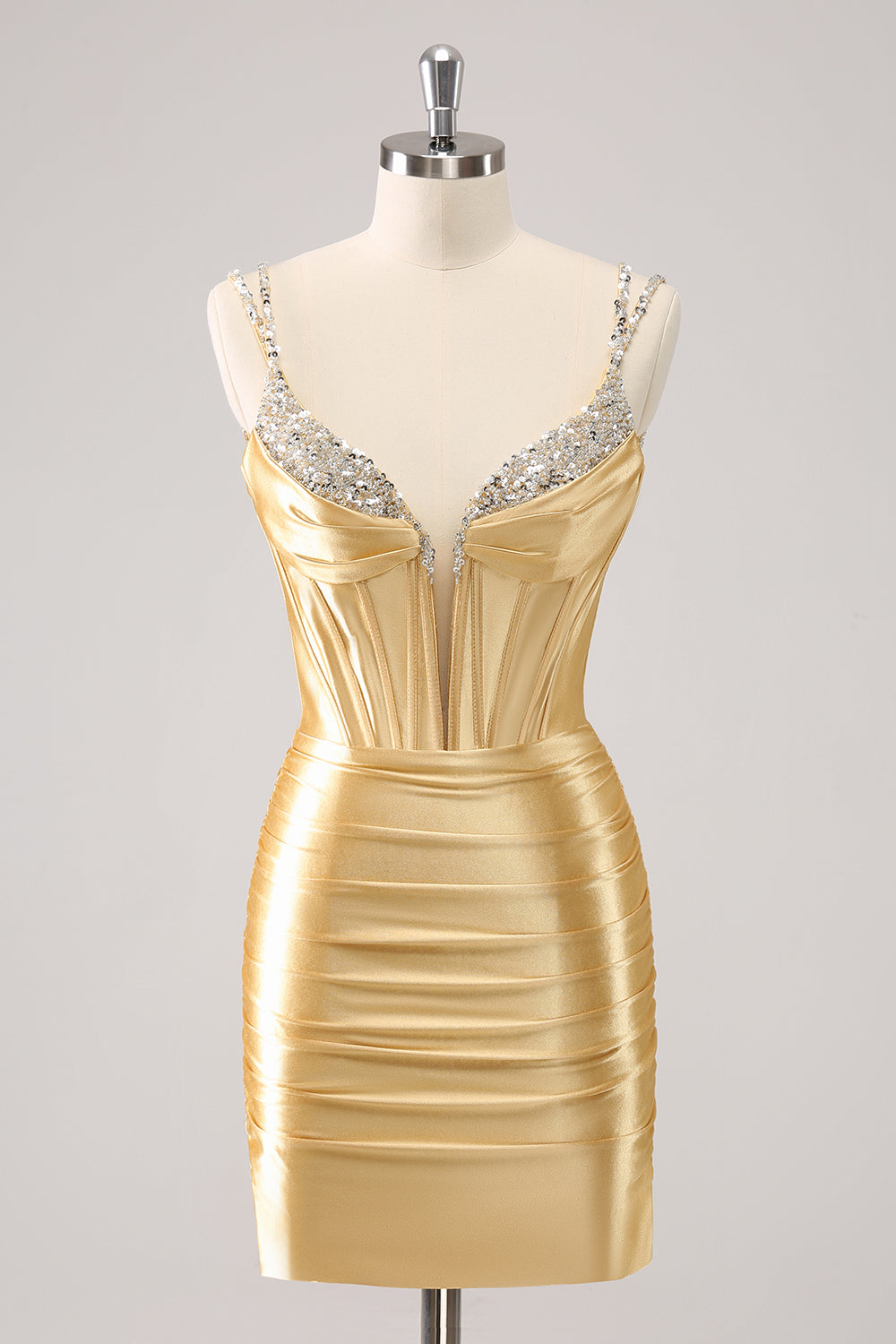 Gorgeous Golden Spaghetti Straps Corset Short Tight Homecoming Dress with Sequins