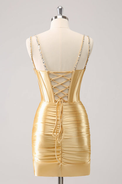 Gorgeous Golden Spaghetti Straps Corset Short Tight Homecoming Dress with Sequins