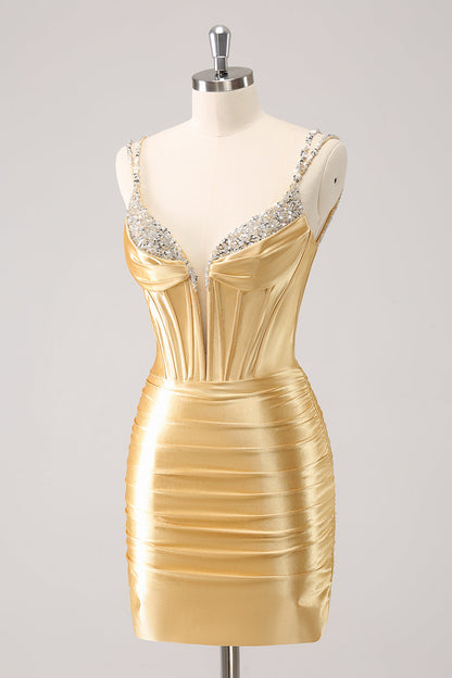 Gorgeous Golden Spaghetti Straps Corset Short Tight Homecoming Dress with Sequins