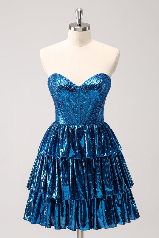 Sparkly Peacock Blue A Line Sweetheart Corset Tiered Homecoming Dress with Lace Up Back