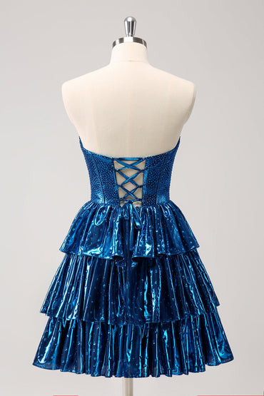 Sparkly Peacock Blue A Line Sweetheart Corset Tiered Homecoming Dress with Lace Up Back