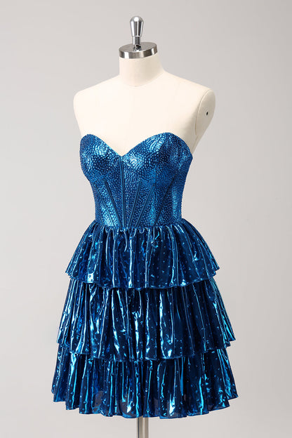 Sparkly Peacock Blue A Line Sweetheart Corset Tiered Homecoming Dress with Lace Up Back