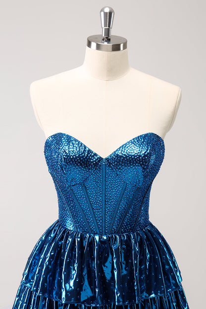 Sparkly Peacock Blue A Line Sweetheart Corset Tiered Homecoming Dress with Lace Up Back