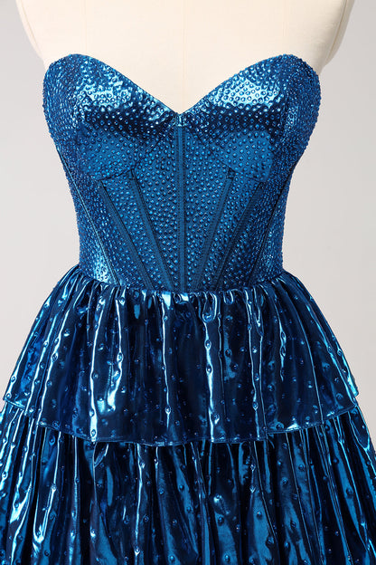 Sparkly Peacock Blue A Line Sweetheart Corset Tiered Homecoming Dress with Lace Up Back