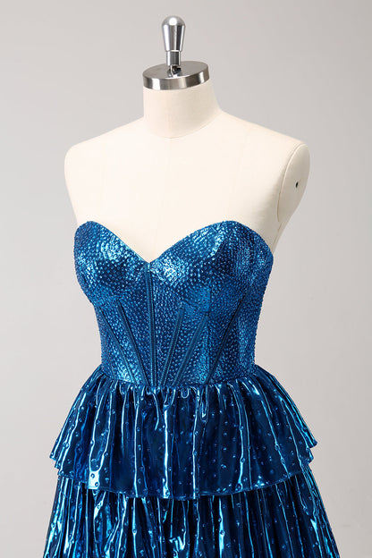 Sparkly Peacock Blue A Line Sweetheart Corset Tiered Homecoming Dress with Lace Up Back