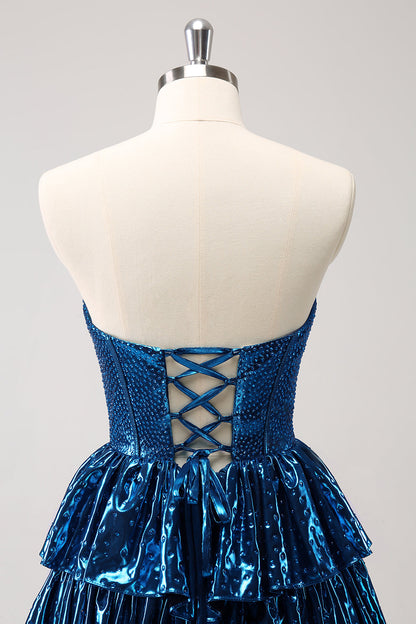 Sparkly Peacock Blue A Line Sweetheart Corset Tiered Homecoming Dress with Lace Up Back