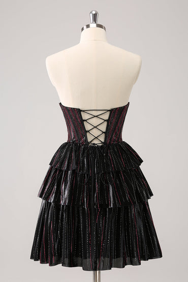 Cute Black Pink A Line Sweetheart Corset Short Homecoming Dress with Beading