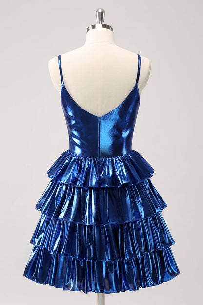 Sparkly Ink Blue A Line Corset Tiered Homecoming Dress with Ruffles