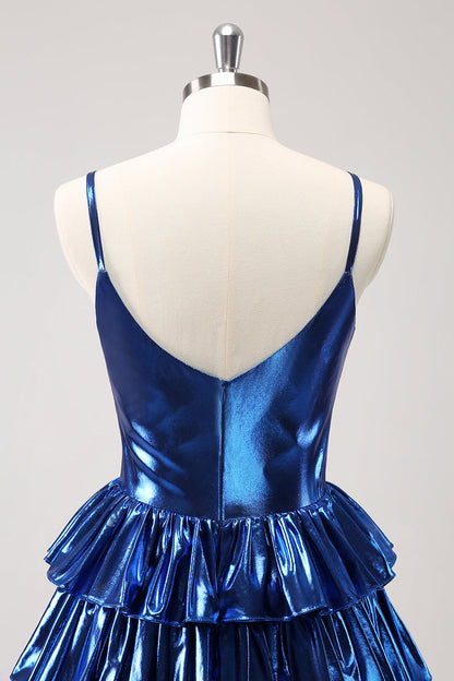 Sparkly Ink Blue A Line Corset Tiered Homecoming Dress with Ruffles